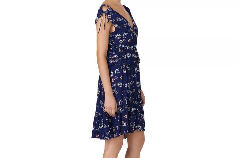Thakoon Collective Navy Blue Lotus Floral Printed Tiered V-Neck Mini Dress 6